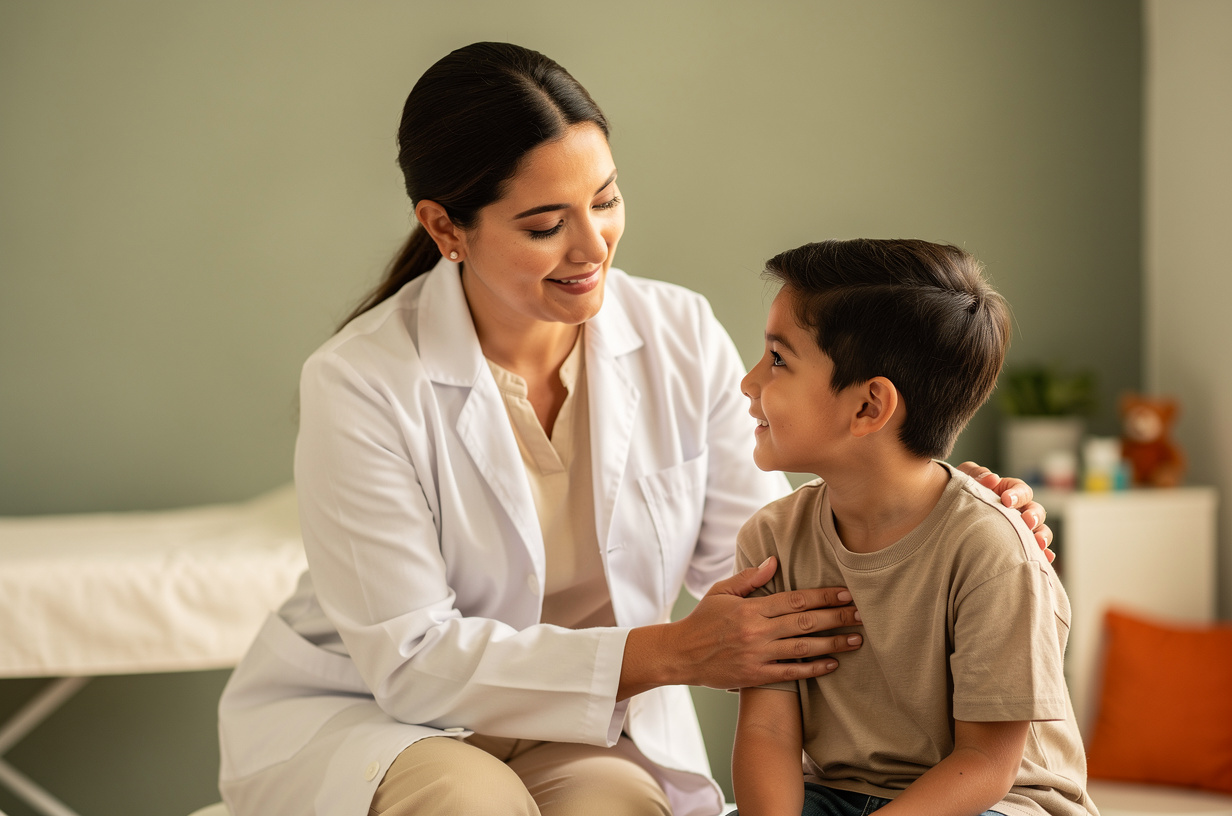 Neuropediatra atendiendo con calidez a un niño en consulta